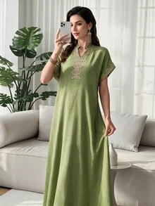 Al Najma Embroidered Collar Floral Raglan Sleeve Stand Collar Elegant Dress, Kaftan & Jalabiya,Modest - Green - View 1