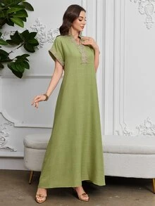 Al Najma Embroidered Collar Floral Raglan Sleeve Stand Collar Elegant Dress, Kaftan & Jalabiya,Modest - Green - View 6