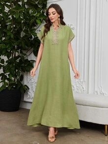Al Najma Embroidered Collar Floral Raglan Sleeve Stand Collar Elegant Dress, Kaftan & Jalabiya,Modest - Green - View 5