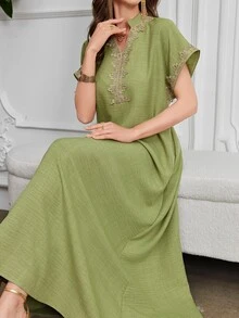 Al Najma Embroidered Collar Floral Raglan Sleeve Stand Collar Elegant Dress, Kaftan & Jalabiya,Modest - Green - View 8