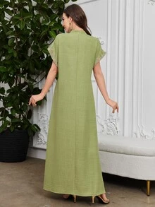 Al Najma Embroidered Collar Floral Raglan Sleeve Stand Collar Elegant Dress, Kaftan & Jalabiya,Modest - Green - View 2