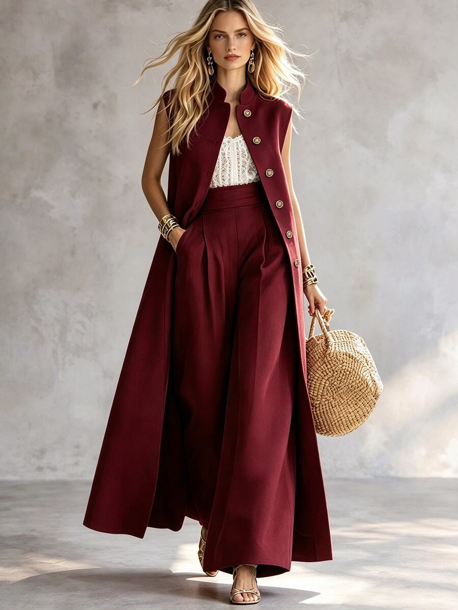 Islaluna Women's Vintage Brown Long Sleeveless Two Pieces Set, Fashionable Versatile Stand Collar Long Cardigan Jacket And Wide Leg Pants Two Pieces Set, Spring Summer Casual Commute Outfit - Burgundy - View 1