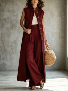 Islaluna Women's Vintage Brown Long Sleeveless Two Pieces Set, Fashionable Versatile Stand Collar Long Cardigan Jacket And Wide Leg Pants Two Pieces Set, Spring Summer Casual Commute Outfit - Burgundy - View 5