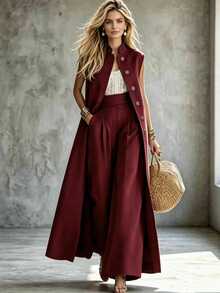 Islaluna Women's Vintage Brown Long Sleeveless Two Pieces Set, Fashionable Versatile Stand Collar Long Cardigan Jacket And Wide Leg Pants Two Pieces Set, Spring Summer Casual Commute Outfit - Burgundy - View 3