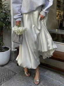 Serisse Women's White Satin Pleated Bubble Long Skirt, Elegant Classy Autumn Tea Party Brunch Date Minimalist A-Line Tutu, Business Casual Fluffy Skirts - Beige - View 1