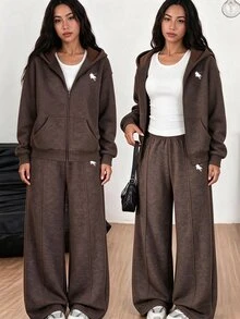 SHEIN Elladie kids 青少年女孩3件套純色拉鍊連帽外套短版背心上衣寬鬆寬腿褲休閒套裝 秋冬郵輪Sixth Form正式風 棕色白色 - 棕色 - 查看 3
