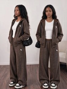 SHEIN Elladie kids 青少年女孩3件套純色拉鍊連帽外套短版背心上衣寬鬆寬腿褲休閒套裝 秋冬郵輪Sixth Form正式風 棕色白色 - 棕色 - 查看 1