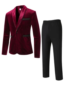 SHEIN 2件組兒童青少年男孩秋冬休閒紅色西裝外套與休閒長褲紳士套裝，適合生日派對、正式場合、晚宴、表演、婚禮、聖誕節、聖誕派對 - 紅色 - 查看 5