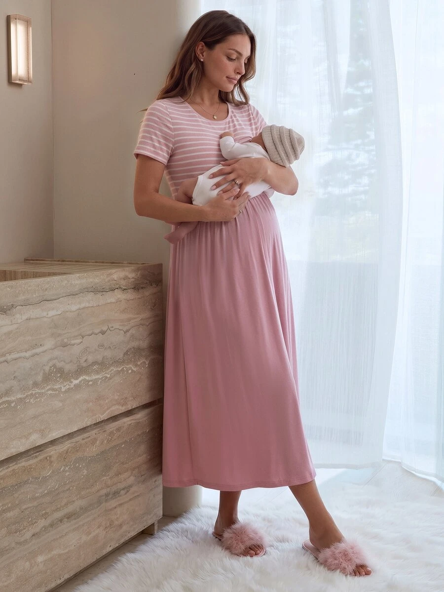 SHEIN 女款圓領短袖粉色哺乳洋裝,居家嬰兒洗禮哺乳用,夏季休閒優雅趣味風 - 粉色 - 查看 1