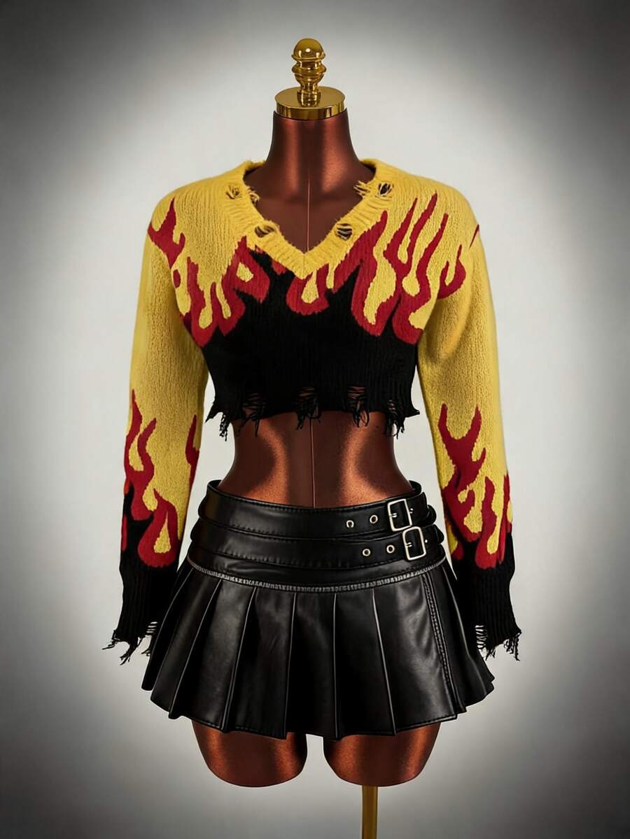 Amplova Pull court ample pour femmes, Concert Club, jaune, imprimé flammes bicolore contrasté, Halloween, automne/hiver - Multicolore - Voir 1