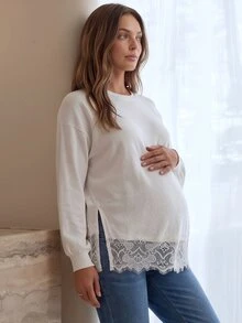 Slowluna 孕婦純色圓領落肩長袖蕾絲下擺休閒T恤 秋季 - 白色 - 查看 2
