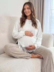 Slowluna 孕婦純色圓領落肩長袖蕾絲下擺休閒T恤 秋季 - 白色 - 查看 3