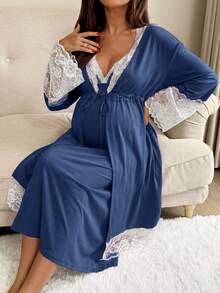 SHEIN 2pcs/Set Maternity Lace Trim Robe And Slip Dress Nursing Outfit - Navy Blue - View 7