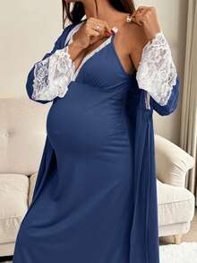 SHEIN 2pcs/Set Maternity Lace Trim Robe And Slip Dress Nursing Outfit - Navy Blue - View 4