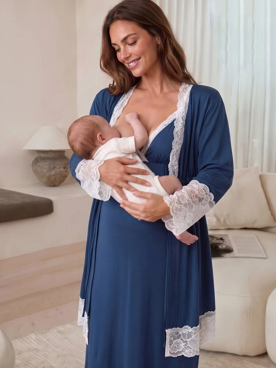 SHEIN 2pcs/Set Maternity Lace Trim Robe And Slip Dress Nursing Outfit - Navy Blue - View 1