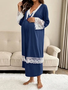 SHEIN 2pcs/Set Maternity Lace Trim Robe And Slip Dress Nursing Outfit - Navy Blue - View 6