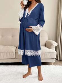 SHEIN 2pcs/Set Maternity Lace Trim Robe And Slip Dress Nursing Outfit - Navy Blue - View 5