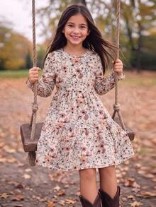 SHEIN Tween女孩度假休閒杏色卡其棕優雅碎花蝴蝶結長袖寬鬆洋裝，秋季花卉洋裝，冬季穿搭，適合學校、開學、校服、聖誕節 - 卡其色 - 查看 3