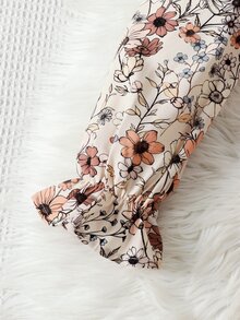 SHEIN Tween女孩度假休閒杏色卡其棕優雅碎花蝴蝶結長袖寬鬆洋裝，秋季花卉洋裝，冬季穿搭，適合學校、開學、校服、聖誕節 - 卡其色 - 查看 6