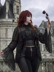 Whyspr Gothic Cold Elegant Ascetic Style Lightweight Sheer Chiffon Stand Collar Blouse, Double Layer Hollow Back Multi-Layer Ruffle Hem Long Flared Sleeve Crop Top, Dark Style Semi-See-Through Chiffon Stand Collar Shirt, Hollow Back Small Ruffle Layer Flared Long Sleeve Crop Top - Black - View 1
