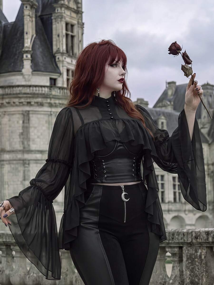 Whyspr Gothic Cold Elegant Ascetic Style Lightweight Sheer Chiffon Stand Collar Blouse, Double Layer Hollow Back Multi-Layer Ruffle Hem Long Flared Sleeve Crop Top, Dark Style Semi-See-Through Chiffon Stand Collar Shirt, Hollow Back Small Ruffle Layer Flared Long Sleeve Crop Top - Black - View 1
