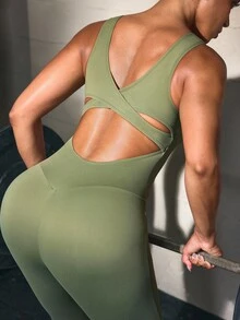 Solea Cove Army Green Cross Design Slim Fit Flattering Women's Sports Jumpsuit, Gym, Running, Workout, Yoga - Army Green - View 7