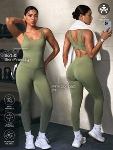 Solea Cove Army Green Cross Design Slim Fit Flattering Women's Sports Jumpsuit, Gym, Running, Workout, Yoga - Army Green - View 2