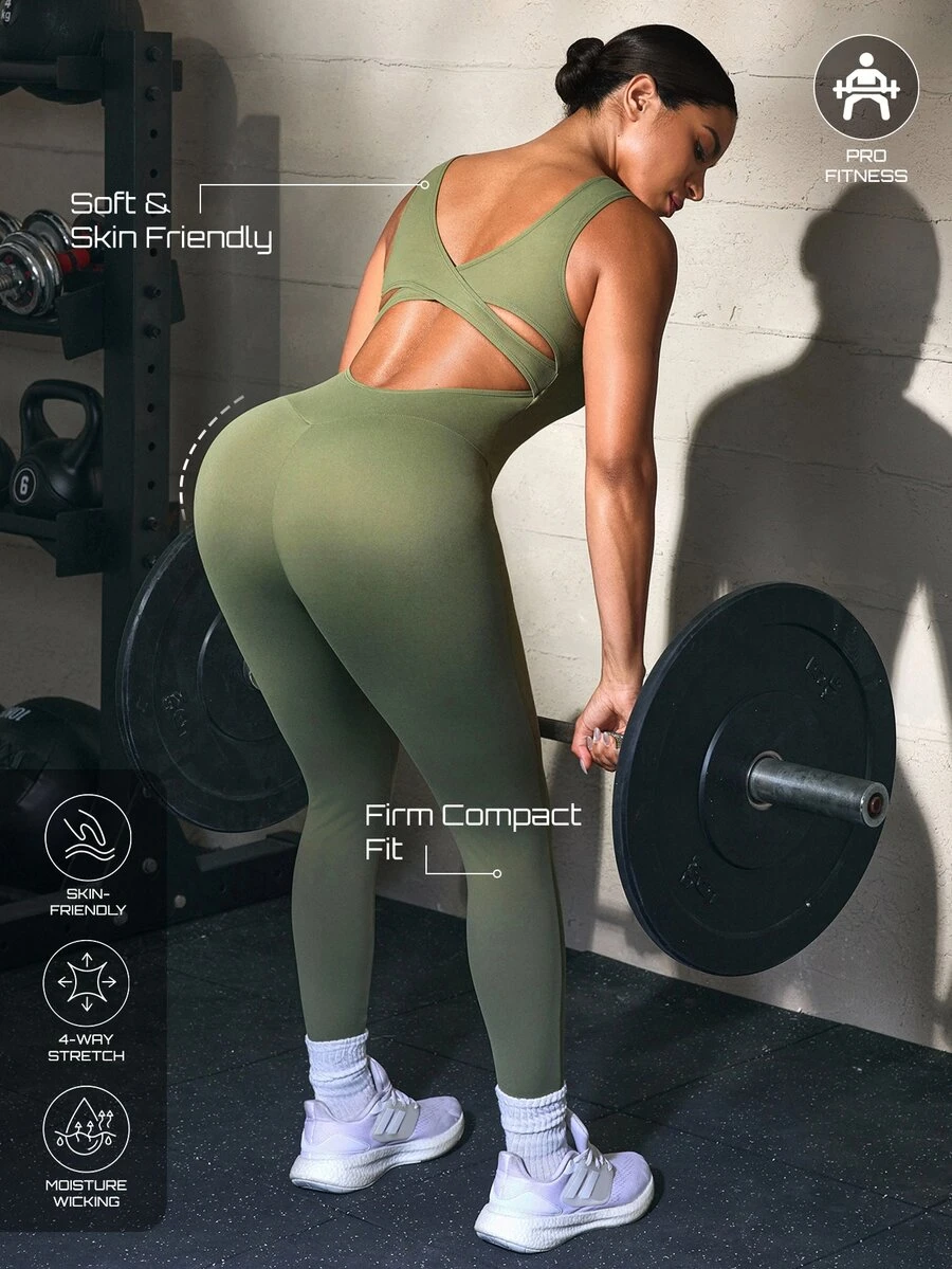 Solea Cove Army Green Cross Design Slim Fit Flattering Women's Sports Jumpsuit, Gym, Running, Workout, Yoga - Army Green - View 1