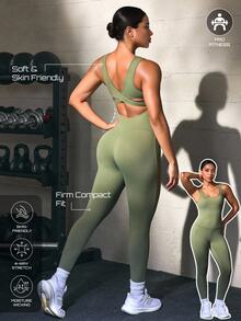 Solea Cove Army Green Cross Design Slim Fit Flattering Women's Sports Jumpsuit, Gym, Running, Workout, Yoga - Army Green - View 8