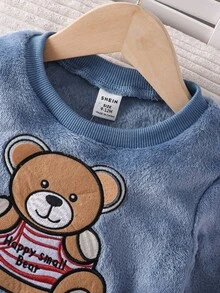 SHEIN 可愛幽默 Y2K 風趣圖案牛仔圓領男嬰毛絨套裝 出院回家穿著 藍色淺藍色 秋季家庭套裝 - 藍色 - 查看 7
