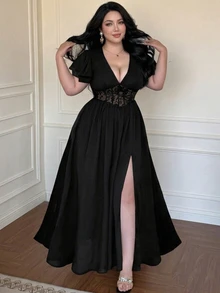 Vibekara Gaun Hitam Wanita Model Terbaru Musim Panas dengan Hiasan Renda dan Pinggang Ramping - Hitam - View 1