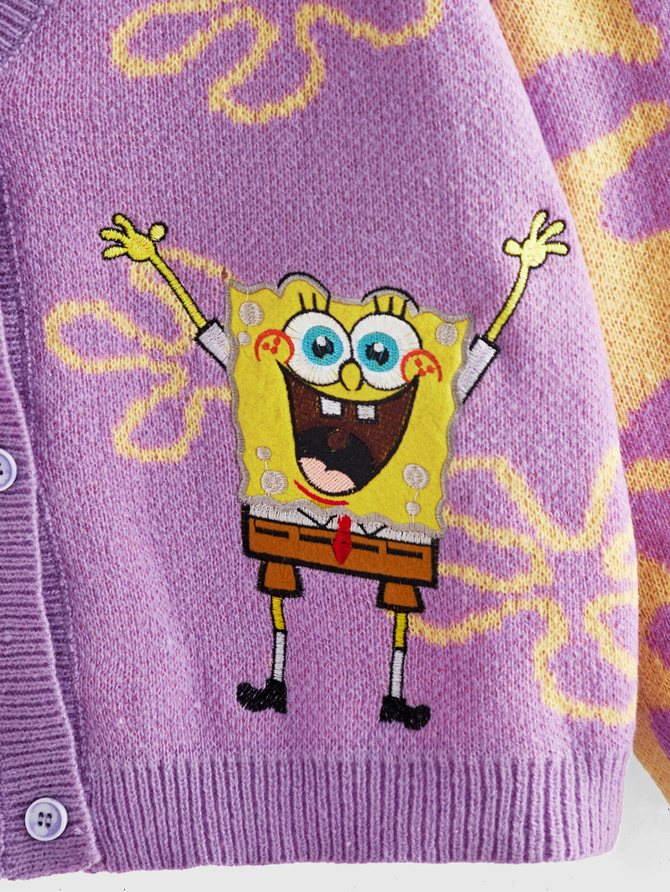 SpongeBob SquarePants | ROMWE 大尺碼可愛趣味鈕扣寬鬆針織開襟衫 - 彩色 - 查看 2