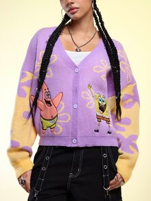 SpongeBob SquarePants | ROMWE كارديجان محبوك فضفاض بأزرار لطيف وممتع للمقاسات الكبيرة - متعدد الألوان - مشاهدة 8