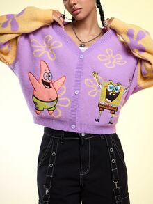 SpongeBob SquarePants | ROMWE كارديجان محبوك فضفاض بأزرار لطيف وممتع للمقاسات الكبيرة - متعدد الألوان - مشاهدة 6