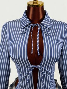 Mistrie Women's New Autumn And Winter Long-Sleeve Shirt With A Stand-Up Collar And Front Chest Tie Design, Featuring Striped Fabric And Flared Cuffs. The Back - Blue - View 9