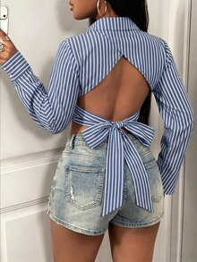 Mistrie Women's New Autumn And Winter Long-Sleeve Shirt With A Stand-Up Collar And Front Chest Tie Design, Featuring Striped Fabric And Flared Cuffs. The Back - Blue - View 4
