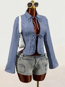 Mistrie Women's New Autumn And Winter Long-Sleeve Shirt With A Stand-Up Collar And Front Chest Tie Design, Featuring Striped Fabric And Flared Cuffs. The Back - Blue - View 12