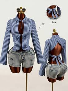 Mistrie Women's New Autumn And Winter Long-Sleeve Shirt With A Stand-Up Collar And Front Chest Tie Design, Featuring Striped Fabric And Flared Cuffs. The Back - Blue - View 2