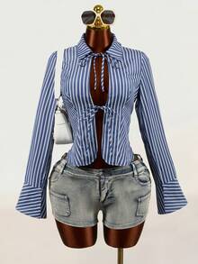 Mistrie Women's New Autumn And Winter Long-Sleeve Shirt With A Stand-Up Collar And Front Chest Tie Design, Featuring Striped Fabric And Flared Cuffs. The Back - Blue - View 11