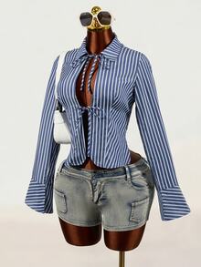 Mistrie Women's New Autumn And Winter Long-Sleeve Shirt With A Stand-Up Collar And Front Chest Tie Design, Featuring Striped Fabric And Flared Cuffs. The Back - Blue - View 7