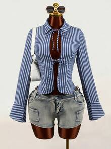Mistrie Women's New Autumn And Winter Long-Sleeve Shirt With A Stand-Up Collar And Front Chest Tie Design, Featuring Striped Fabric And Flared Cuffs. The Back - Blue - View 5