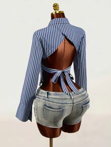Mistrie Women's New Autumn And Winter Long-Sleeve Shirt With A Stand-Up Collar And Front Chest Tie Design, Featuring Striped Fabric And Flared Cuffs. The Back - Blue - View 3