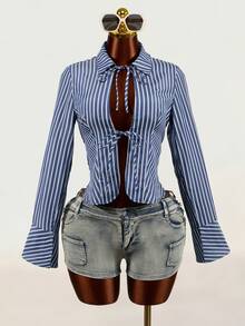 Mistrie Women's New Autumn And Winter Long-Sleeve Shirt With A Stand-Up Collar And Front Chest Tie Design, Featuring Striped Fabric And Flared Cuffs. The Back - Blue - View 8