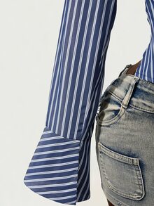 Mistrie Women's New Autumn And Winter Long-Sleeve Shirt With A Stand-Up Collar And Front Chest Tie Design, Featuring Striped Fabric And Flared Cuffs. The Back - Blue - View 10