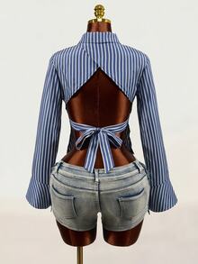 Mistrie Women's New Autumn And Winter Long-Sleeve Shirt With A Stand-Up Collar And Front Chest Tie Design, Featuring Striped Fabric And Flared Cuffs. The Back - Blue - View 6