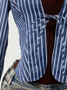 Mistrie Women's New Autumn And Winter Long-Sleeve Shirt With A Stand-Up Collar And Front Chest Tie Design, Featuring Striped Fabric And Flared Cuffs. The Back - Blue - View 13