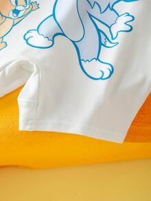 TOM & JERRY X SHEIN 男婴卡通图案蓝色可爱搞笑短袖T恤和可爱围兜工作服套装 - 彩色 - 查看 10