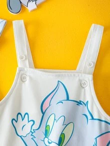 TOM & JERRY X SHEIN 男婴卡通图案蓝色可爱搞笑短袖T恤和可爱围兜工作服套装 - 彩色 - 查看 8