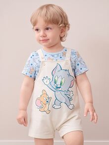 TOM & JERRY X SHEIN 男婴卡通图案蓝色可爱搞笑短袖T恤和可爱围兜工作服套装 - 彩色 - 查看 1