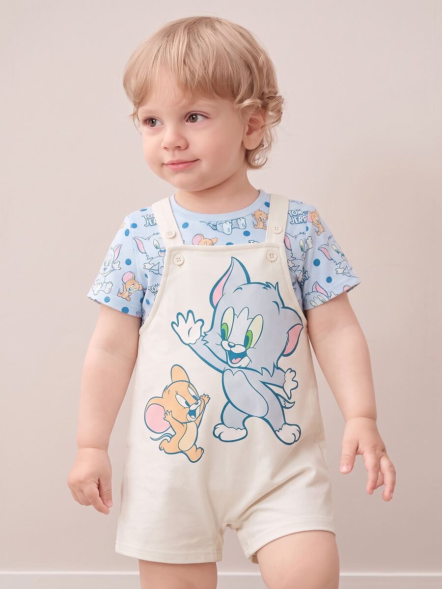 TOM & JERRY X SHEIN 男婴卡通图案蓝色可爱搞笑短袖T恤和可爱围兜工作服套装 - 彩色 - 查看 1